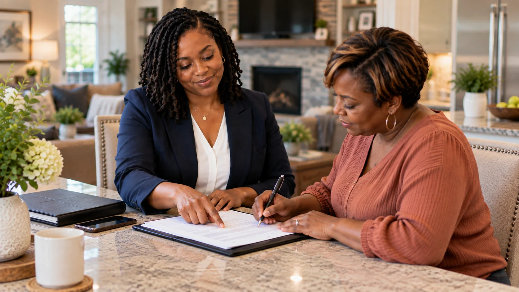 Notary assisting a client with documents during an in-home appointment.