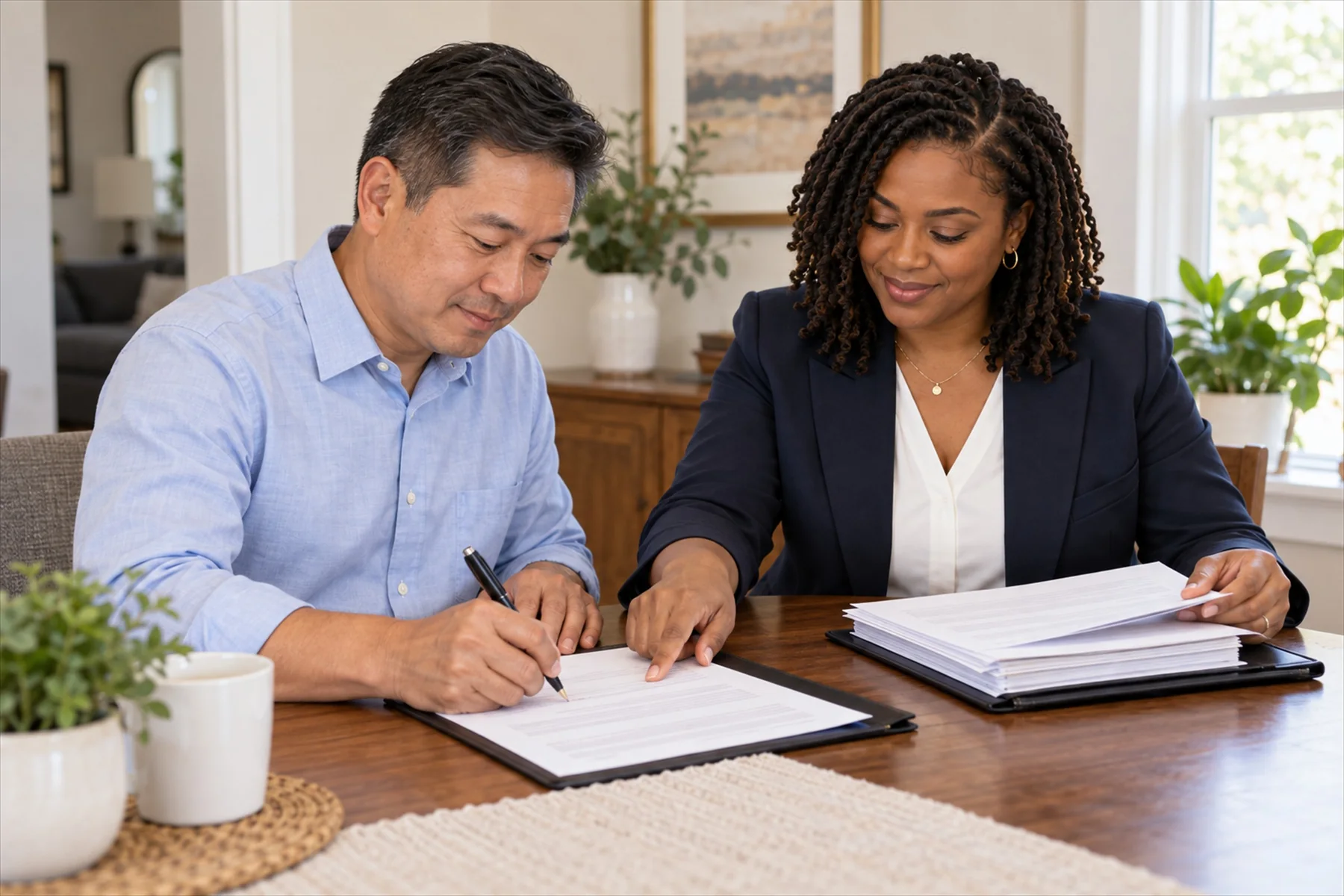 Notary guiding a client through organized documents during a scheduled loan-signing appointment.
