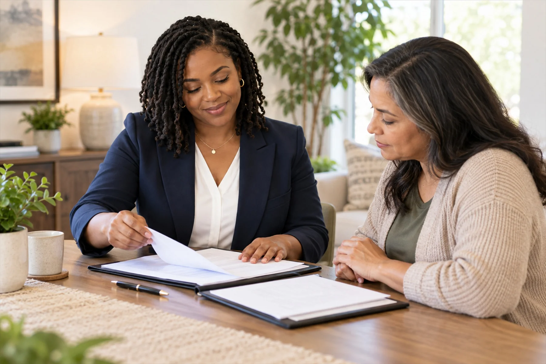 Notary reviewing documents with a client during a mobile appointment.
