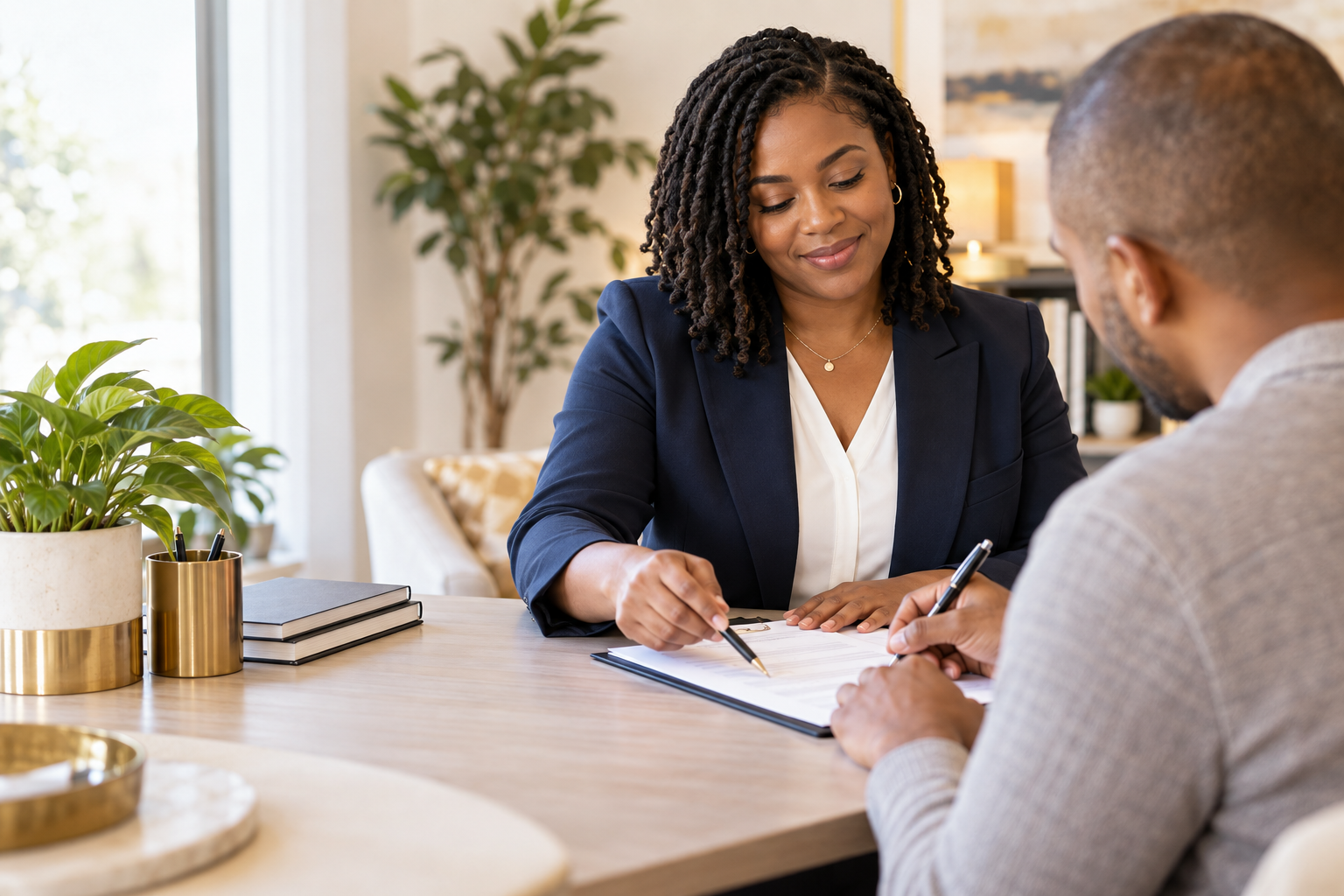 Professional notary helping a client review documents